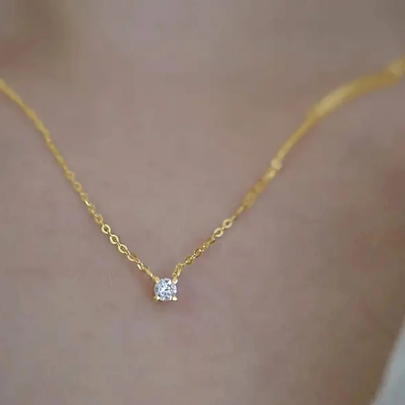 Huitan Minimalist Small Round CZ Pendant Necklace for Women Gold Color Chain Necklace Exquisite Daily Wear Trendy Jewelry