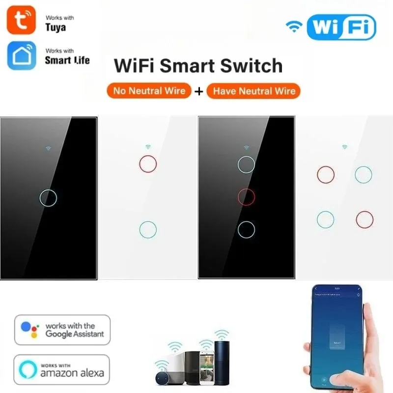1/2/3/4 Gang Light Switch Smart Wifi Touch Switch No Neutral Wire Required Smart Home 100-240V Works with Alexa Hey