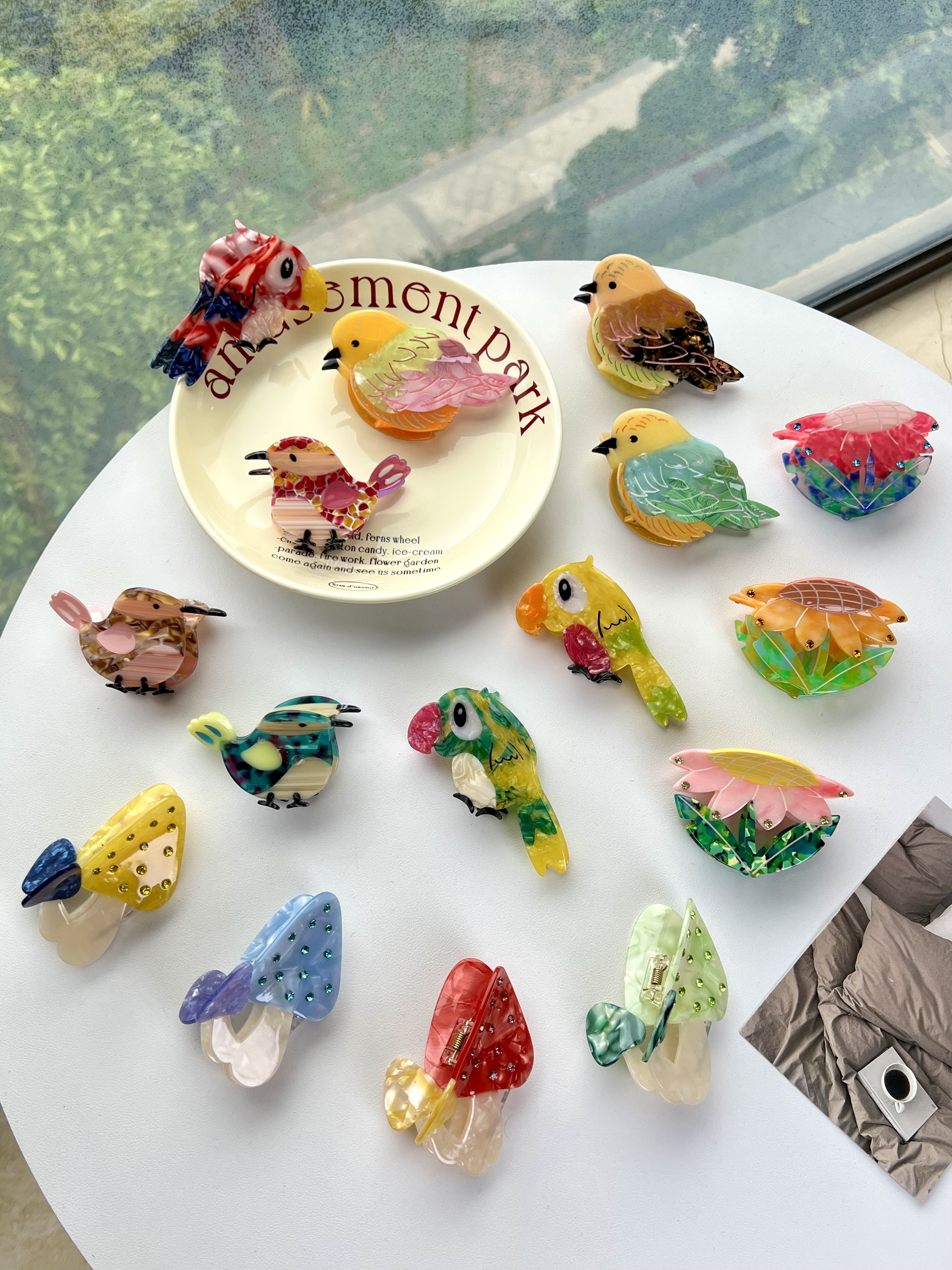 Bird-Sunflower-Mushroom Claw Hair Clips. Unique and relaxed summer family style. Handmade in premium acetate-high-quality, fashi