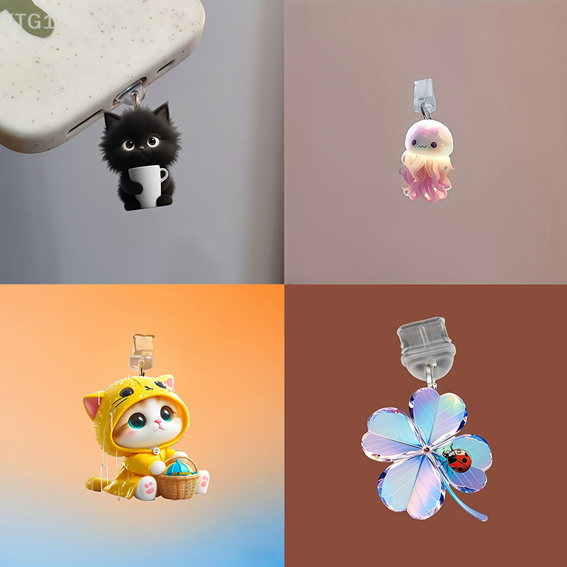 Mobile Phone Dust Plug Pendant, Cute Cat Dog Shamrock Design for iPhone Type-C Charging Port