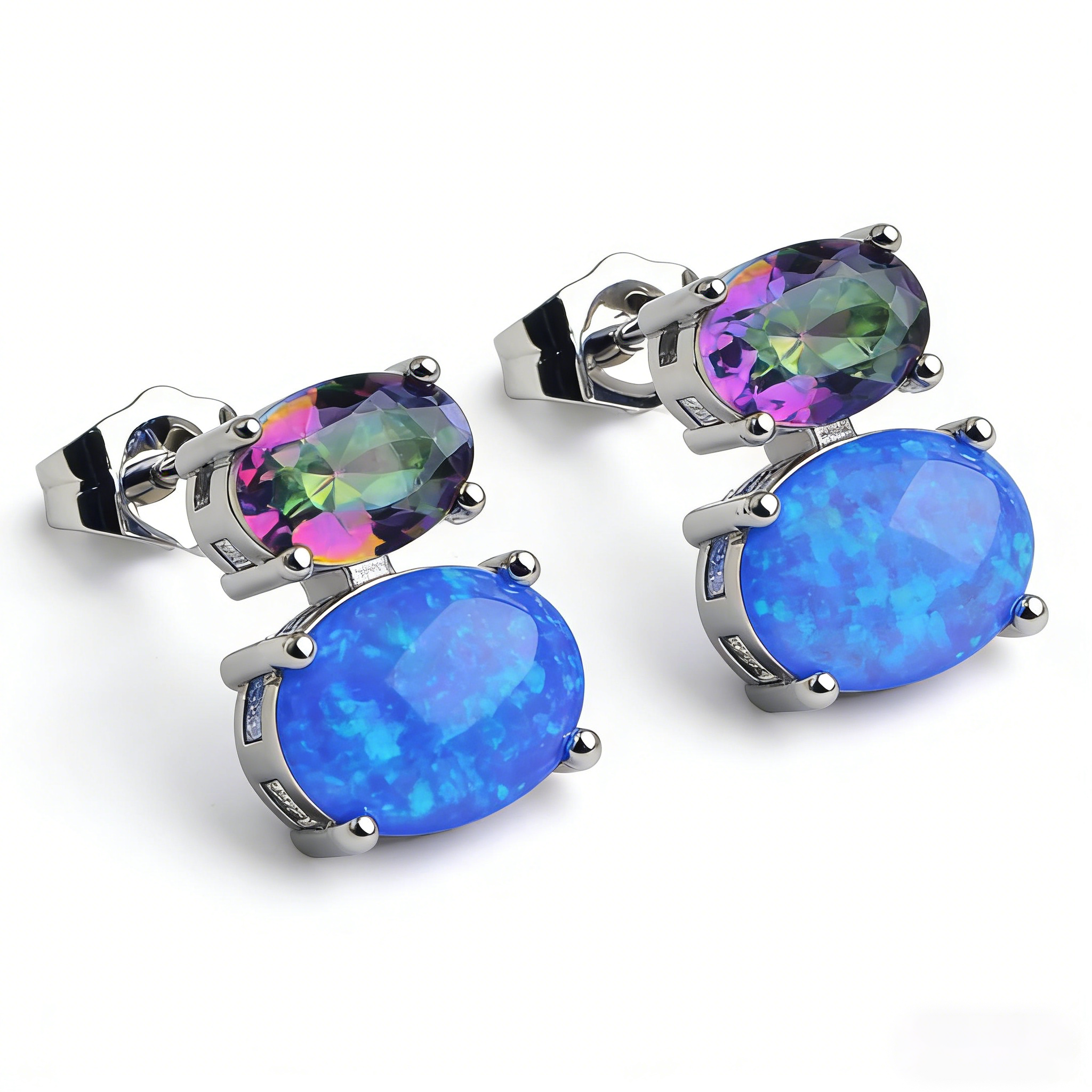 Two-Stone Blue Opal Earrings with Rainbow Moonstone,White K Plated Vertical Dangle Earrings,Elegant Graduated Jewelry for Women