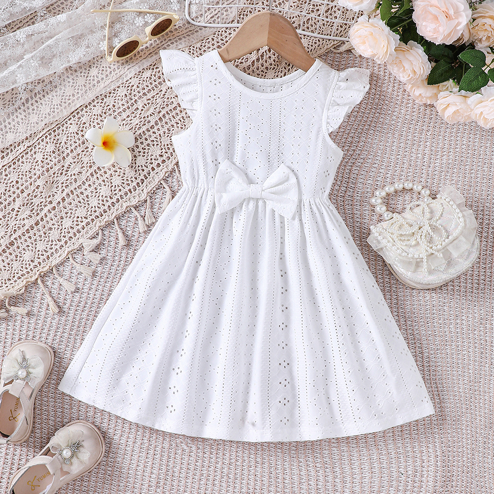 Girls' Summer Fashion Hollow Bow Pure White Dress