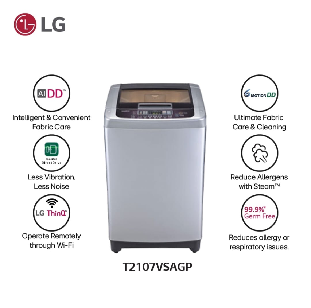 LG Brand 7 Kg Top Load Washing Machine | Model : T2107VSAGP | 1 Year Comprehensive, including 10 Years on Motor