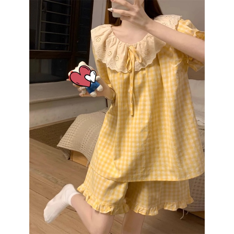 Women's Sweet Yellow Plaid Short Sleeved Pajama Set with Lace Collar Korean Casual 2 Piece Set Women's Pajamas Summer Sleepwear