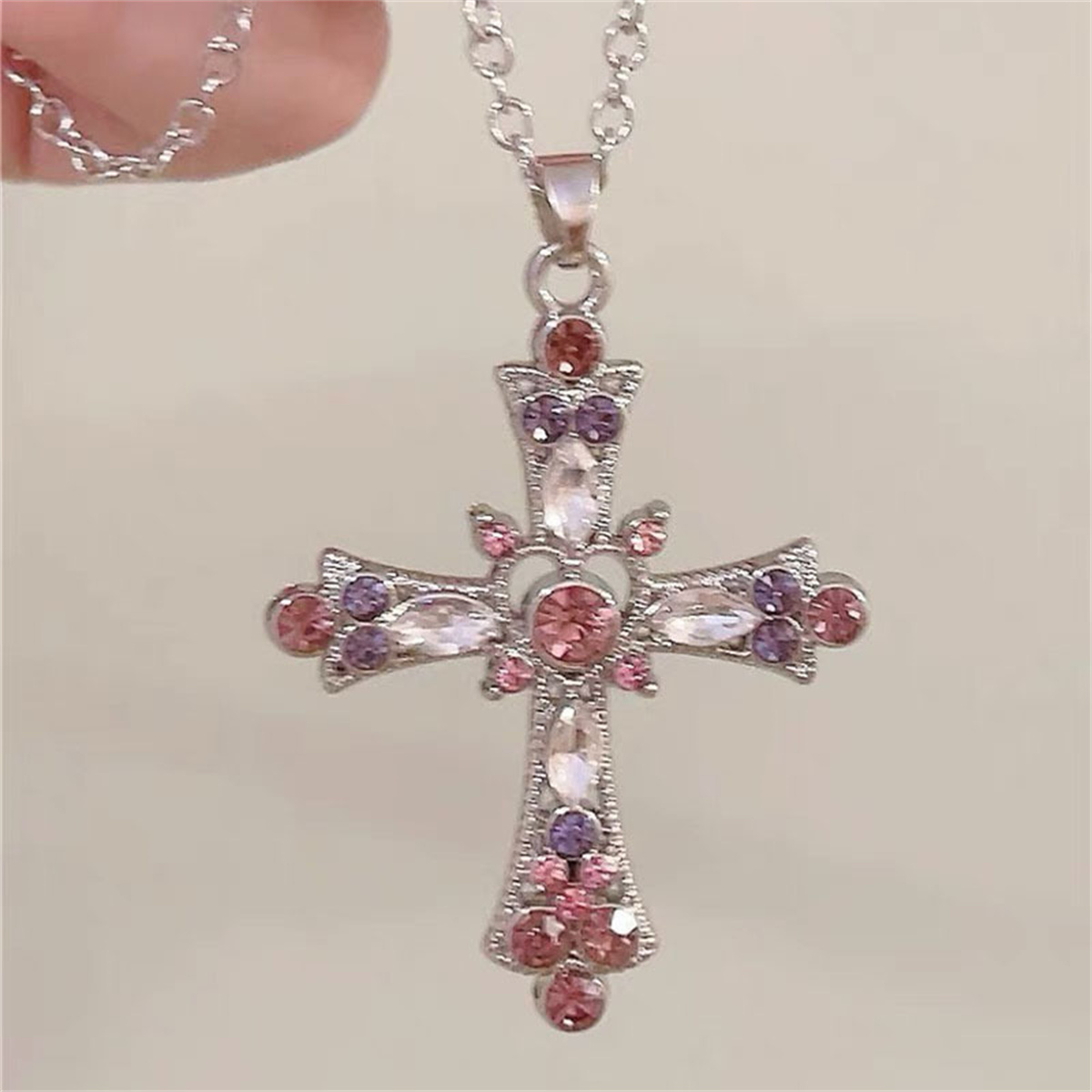 Y2K Gothic Cross Necklace, Heavy Set Diamond Pendant, Sweet Cool Spicy Girl Jewelry, Bold Choker