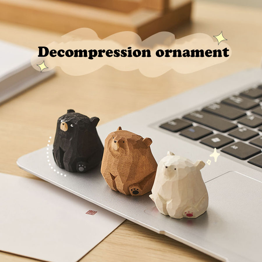 Creative Solid Wood Wooden Bear Figurines Hand Carved Cute Polar Bear Ornament Funny Realistic Mini Bear Statue Car