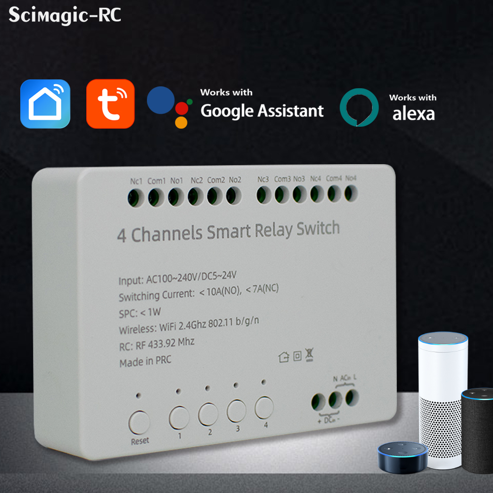New Tuya Wifi 4 Channels Smart Switch Relay Module Intelligent Automation AC 100~240V DC 5~24V 10A Controller Work with Alexa