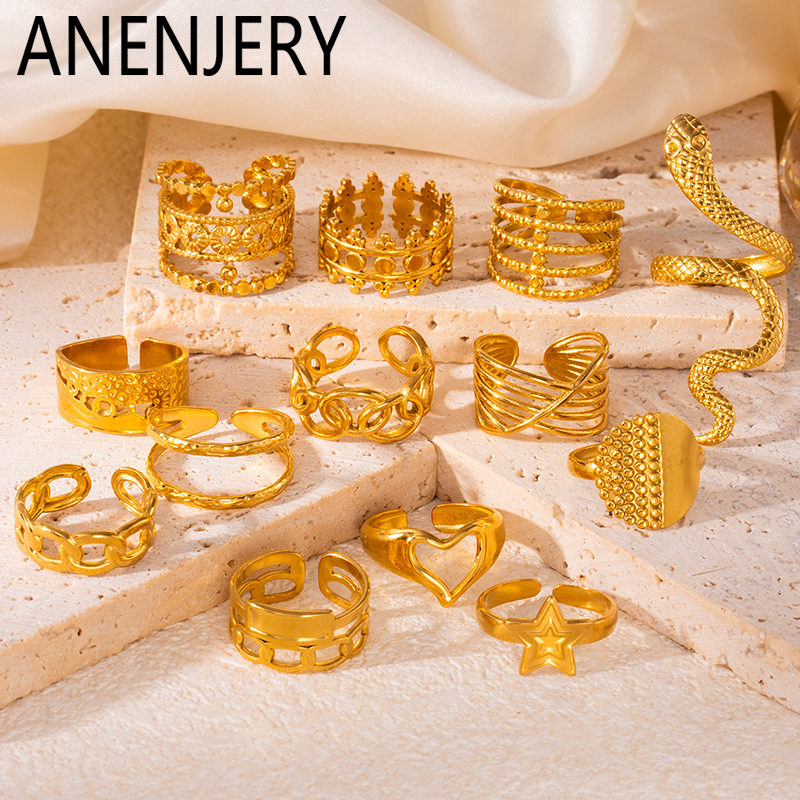 ANENJERY 316L Stainless Steel Snake Star Line Splicing Open Ring for Women Men Niche Cool Jewelry Wholesale