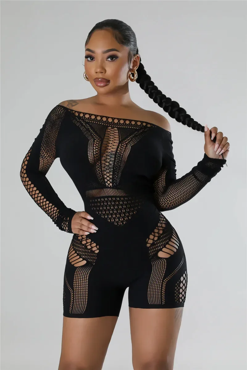 Women Black White Club Outfits Jumpsuit for Women Long Sleeves Mesmerizing Mesh Hollow Stretch Short Rompers