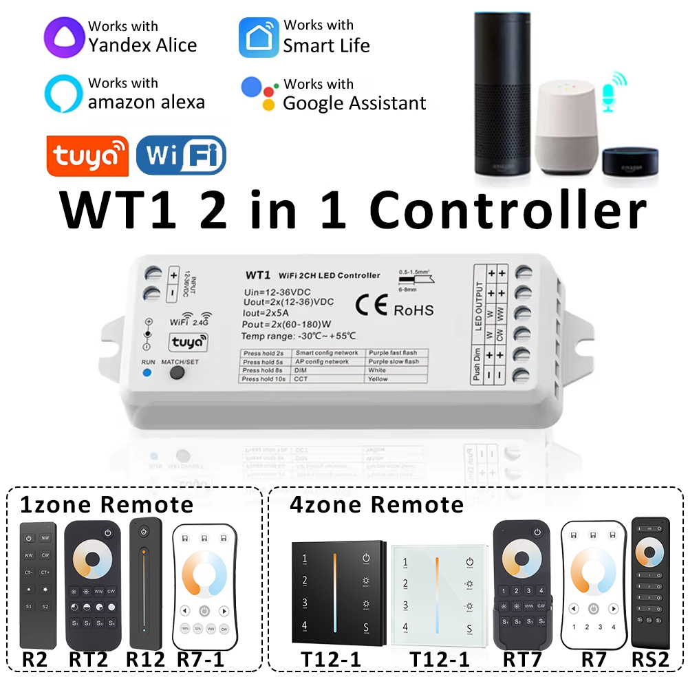 Tuya Wifi 2in1 LED Controller DC12V 24V 2CH 10A Smart Life Voice Push Dimming Switch Single Color CCT LED Strip Light WT1 Dimmer lightify