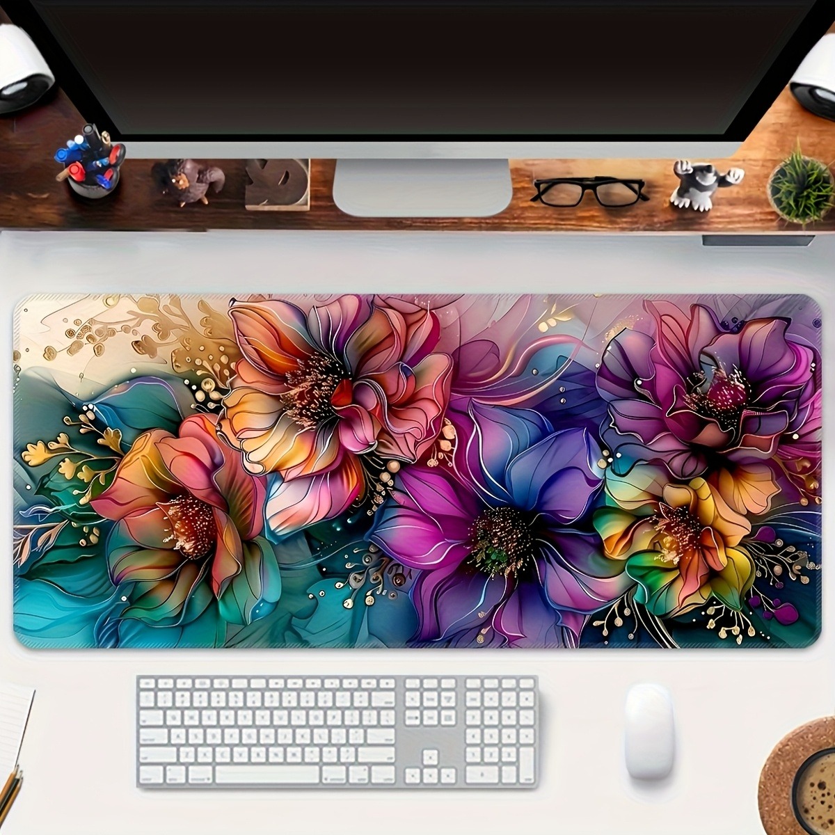 3D Floral Desk Mat Non Slip Base Washable Gaming Mouse Pad Precision Stitched Edges Durable for Esports Office Computers