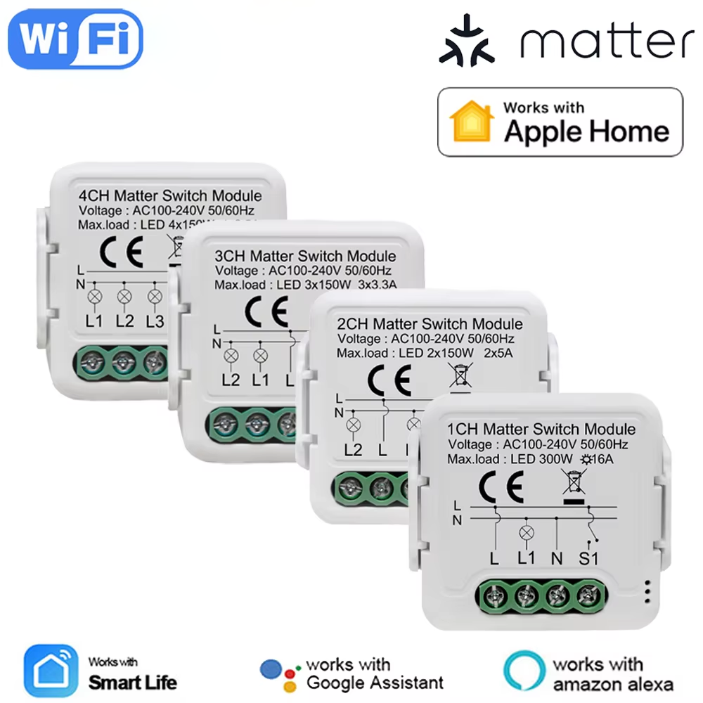 1/4 Gang Matter WIFI Smart Switch Module Automation Relay Smart Breaker Voice Control Home Siri Alexa smarttings