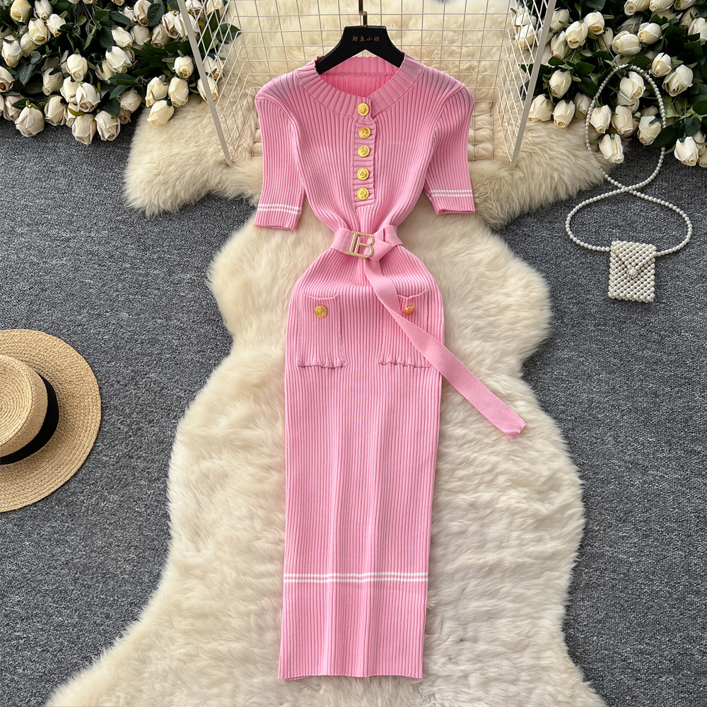 YuooMuoo Chic Fashion Package Hips Knitted Long Dress Spring Summer Elegant O-neck Buttons Office Lady Belt Sweater Dress