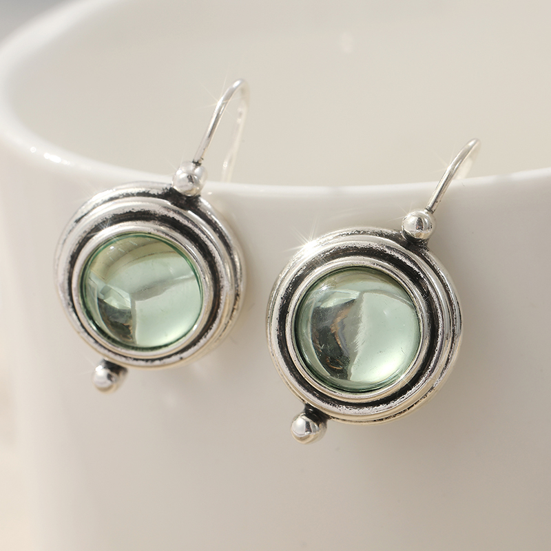 Exquisite Elegant Green Stone Round Pendant Earrings for Women Vintage Silvery Plated Daily Versatile Jewelry Accessaries s