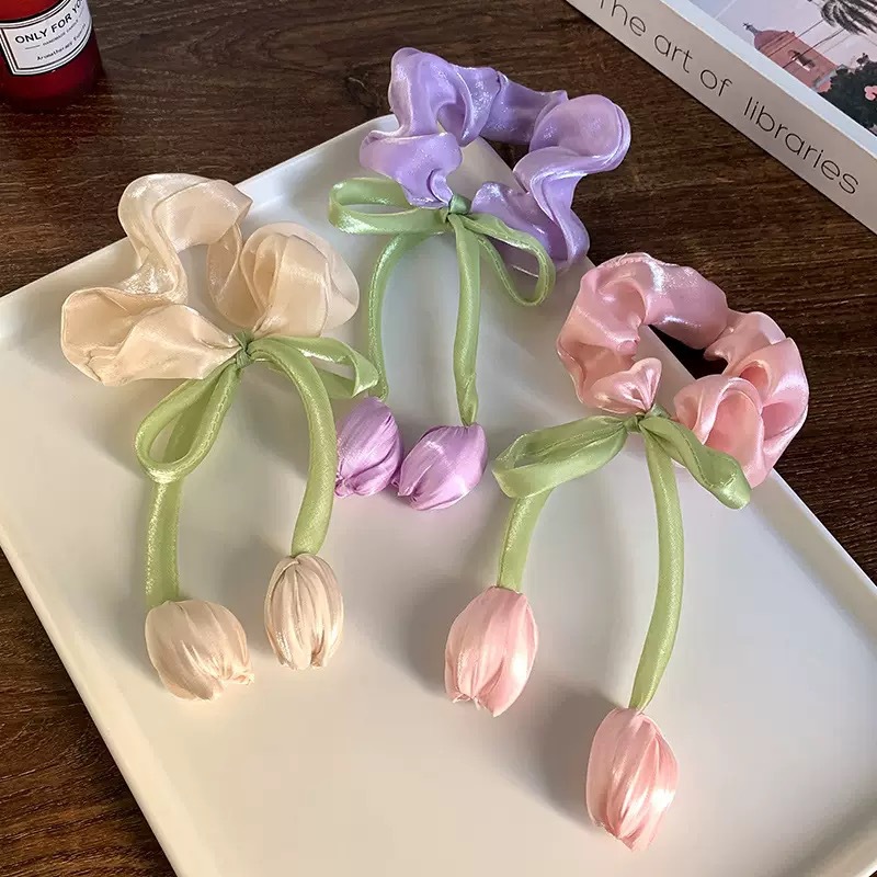 1pc Korean sweet tulip ribbon large intestine headband new high-end hair tie high elasticity temperament hair accessory
