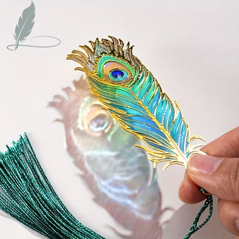 1Pc Elegant Chinese Style Metal Translucent Peacock Feather Bookmark with Tassel Vibrant Colors Birthday Souvenir