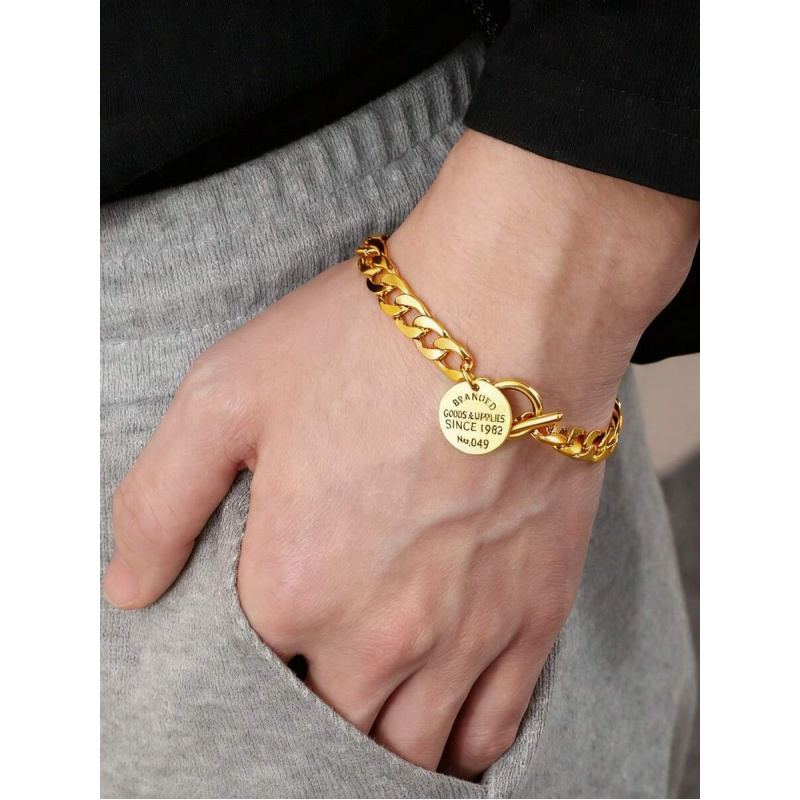 1pc Oversized Chunky Chain Bracelet with Geometric Round Pendant - Fashionable Party Accessory.