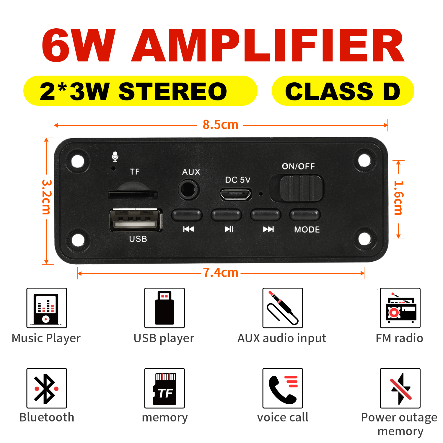 2*3W 6W Amplifier 5V MP3 Decoder Board Bluetooth 5.0 Stereo Audio DIY Car MP3 Player FM Radio TF USB 3.5mm Mic jack Record Call