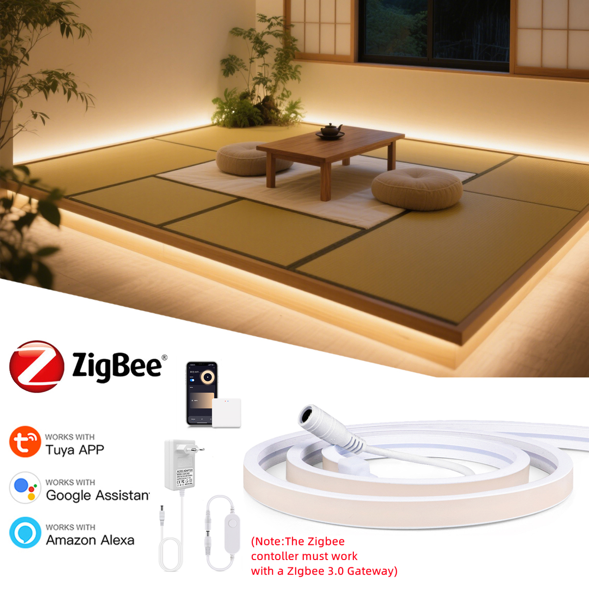 1M-5M Zigbee 3.0 LED Strip DC 12V Linear Dimmable Neon Tape RA90 320LEDs/m for Tuya App Control Alexa Goolgle Voice