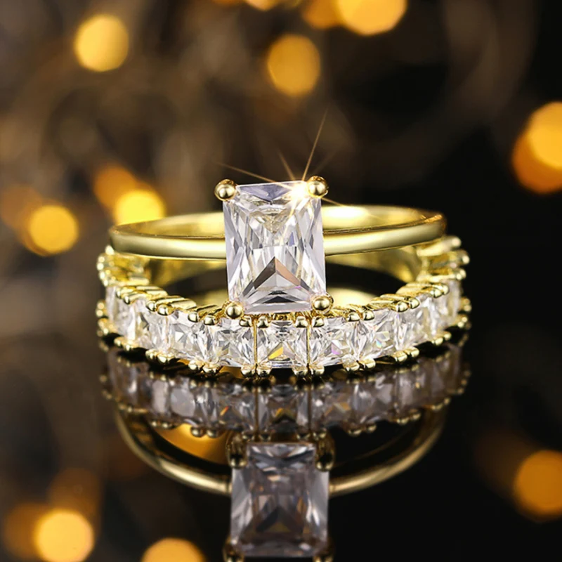 Huitan Graceful 2Pc/Set Rings with Shiny Cubic Zirconia Trendy Delicate Luxury Accessories for Women Gentle Chic Wedding Jewelry