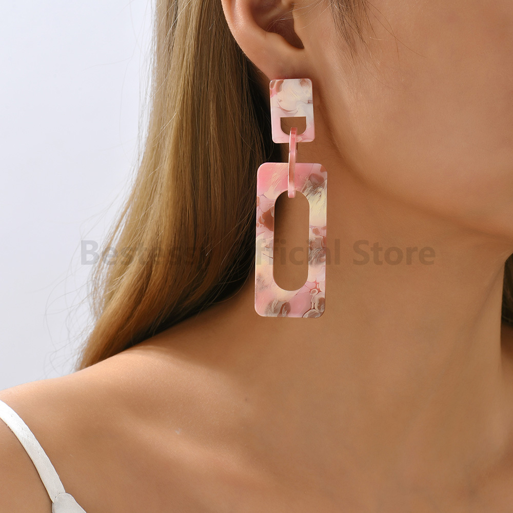 New Minimalist Trendy Design Cute Sweet Painted Acrylicearrings For Women Rectangular Hollow Long Pendant Elegant Jewelry