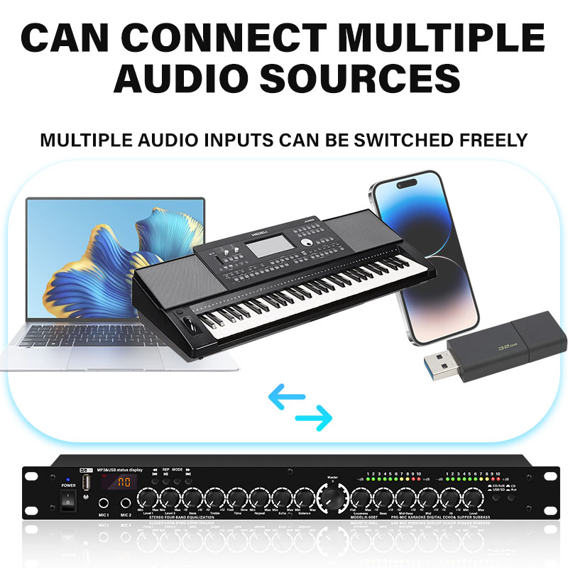 T4 Professional DSP Audio Processor, Digital Reverb USB Bluetooth Stereo Multi Effect Equalizer Anti Whistling Audio Processor