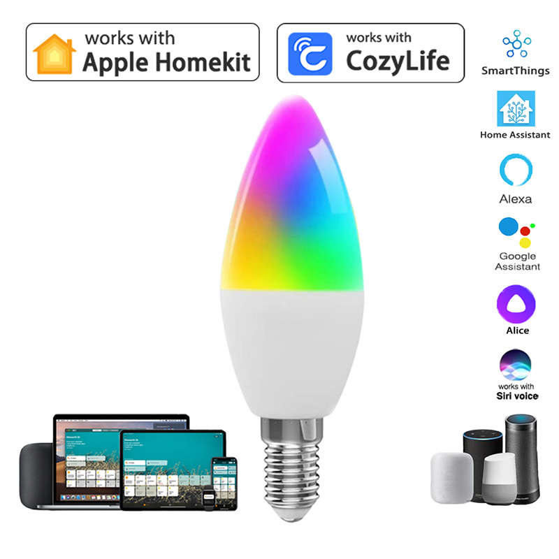 HomeKit Candle Light WiFi Smart Dimmable RGBCW E12 E14 LED Bulbs APP Siri Alexa SmartThings Voice Control Discoloration