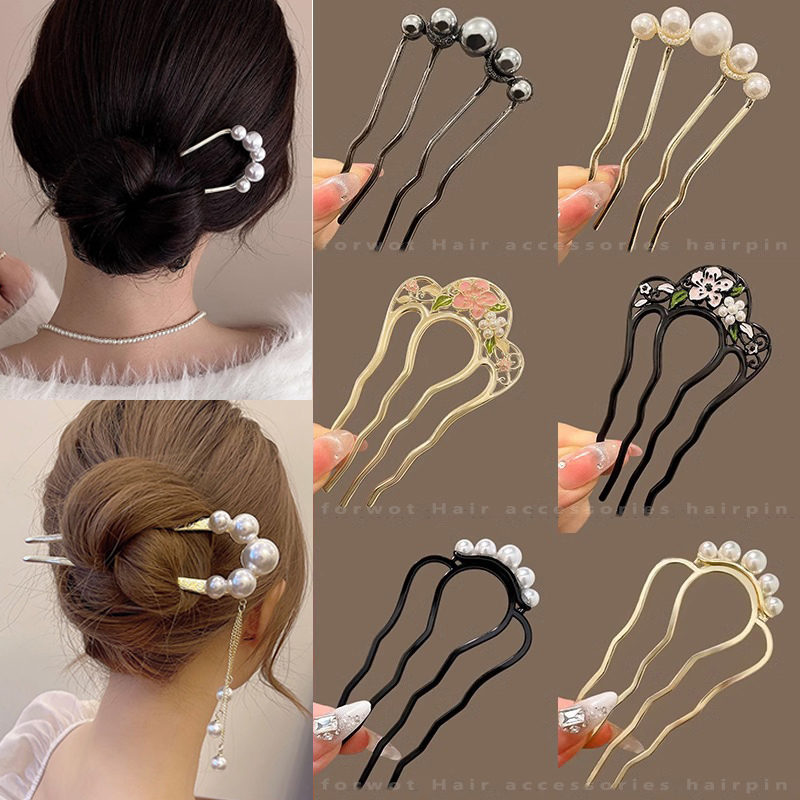 Metal U-Shaped Hair Fork Combs Pearl Tassel Hair Sticks Hair Clip Hairpins Women Girl Hair Accessories Ornament Styling Tool