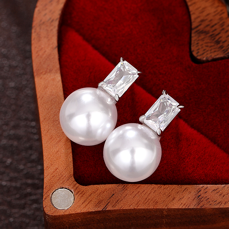 Huitan Simple Stylish Imitation Pearl Earrings with Square Cubic Zircon Temperament Accessories for Women Hot Jewelry Wholesale