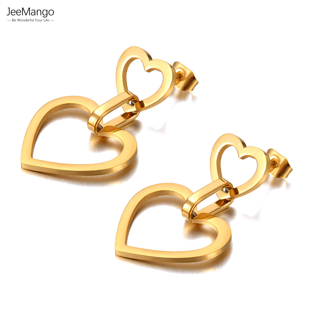 JeeMango 18K Gold Plated Stainless Steel Double Heart Wedding Earrings For Women Fashion Party Jewelry pendientes mujer JE21095