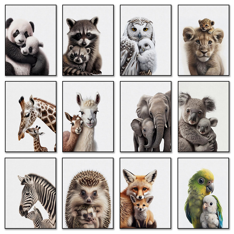 Animal and Their Cute Baby Poster Lion Elephant Koala Bear Owl Fox Canvas Painting Wall Art Pictures for Nursery Baby Room Decor