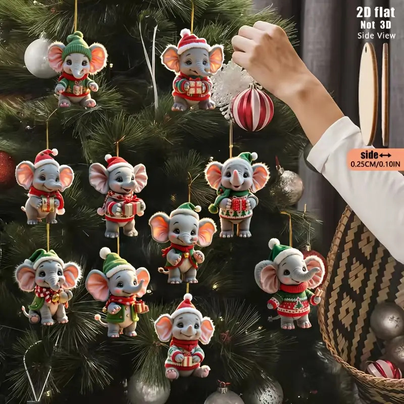 10pcs Cute Christmas Elephant 2D Wooden Pendant Elephant Wearing Clothes Hat for Christmas New Year Valentine's Day Decorations