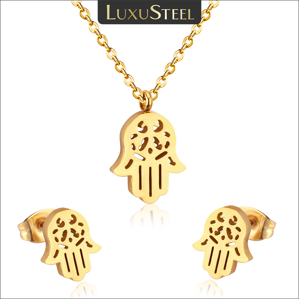 LUXUSTEEL Hip Hop Hamsa Hand Pendant Necklace Earrings For Women Men Amulet Stainless Steel Turkish Luck Jewelry Sets