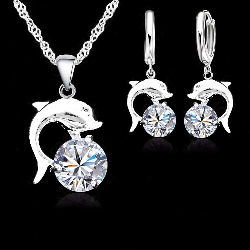 Romantic 925 Sterling Silver Color Square White Zircon Crystal Pendant Necklace Earrings Jewelry Sets Women Wholesale