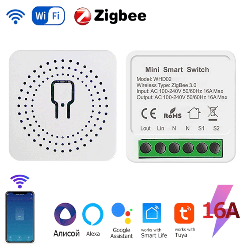 Tuya ZigBee WiFi Smart Switch 2 Way Control Breaker Relay 220V 110V 16A Smart Life APP Voice Control with Alexa Home