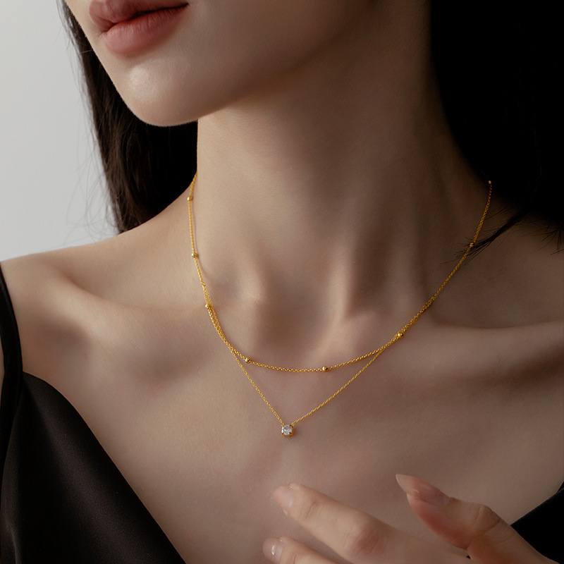 Stainless Steel Light Luxury Charm White Round Zircon Pendant Double layer Necklace Lady Classic Neck Chain Jewelry