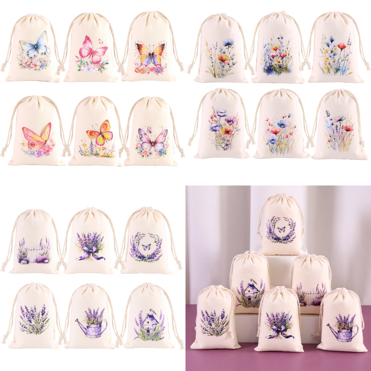 6pcs Spring Floral Butterfly Lavender Burlap Bags Jewelry Drawstring Storage Bags Packaging Bag Wedding Party Supplies