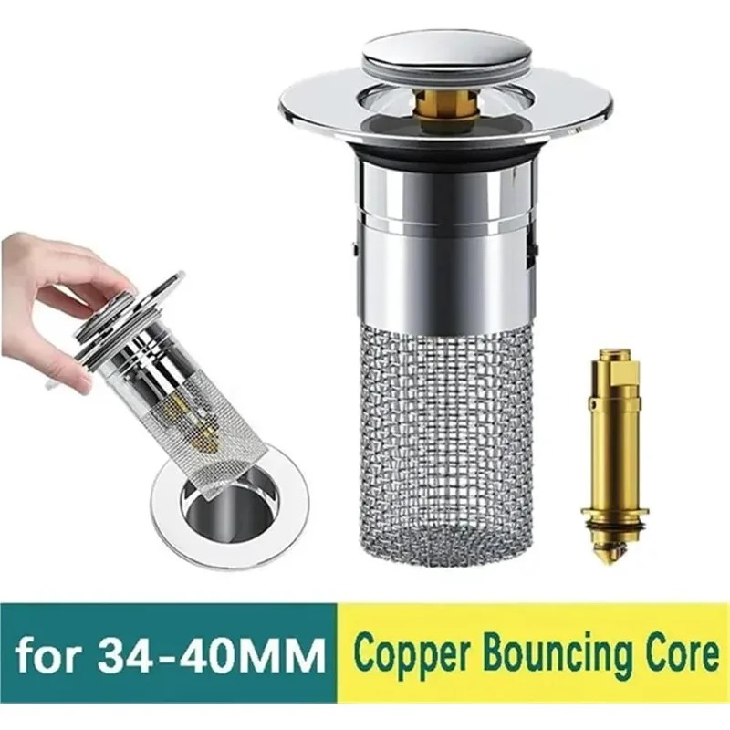 NEW Washbasin Leak Plug ABS Stainless Steel Odor Proof Bouncing Core Press Type Sink Drain 34-40mm Universal Accessory 1pcs