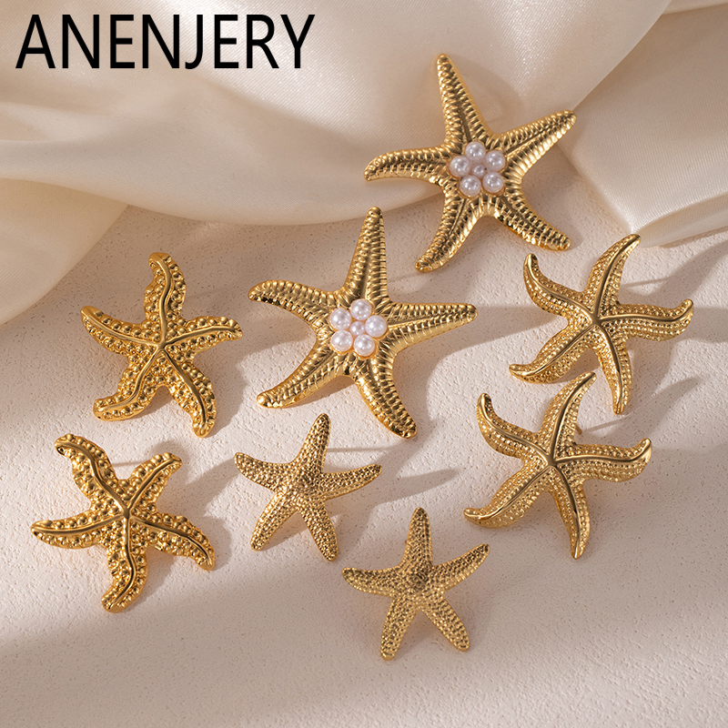 ANENJERY 316L Stainless Steel Starfish Pearl Stud Earrings For Women Summer Beach Temperament Jewelry Wholesale