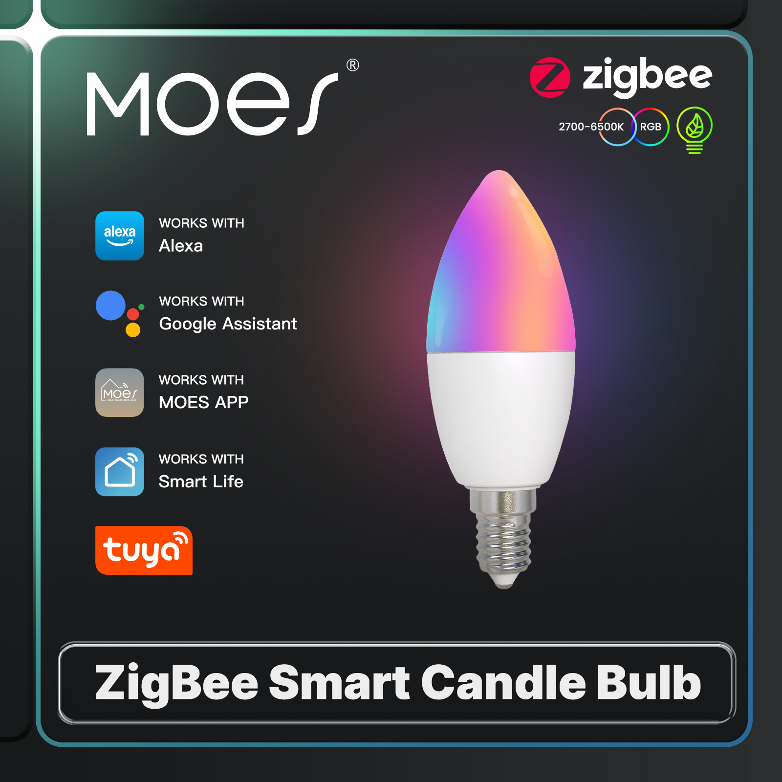 MOES Tuya Zigbee Smart Candle Bulb E14 LED Light Lamp 5W RGBCCT 2200-6500K Dimmable Alexa Home Voice Control