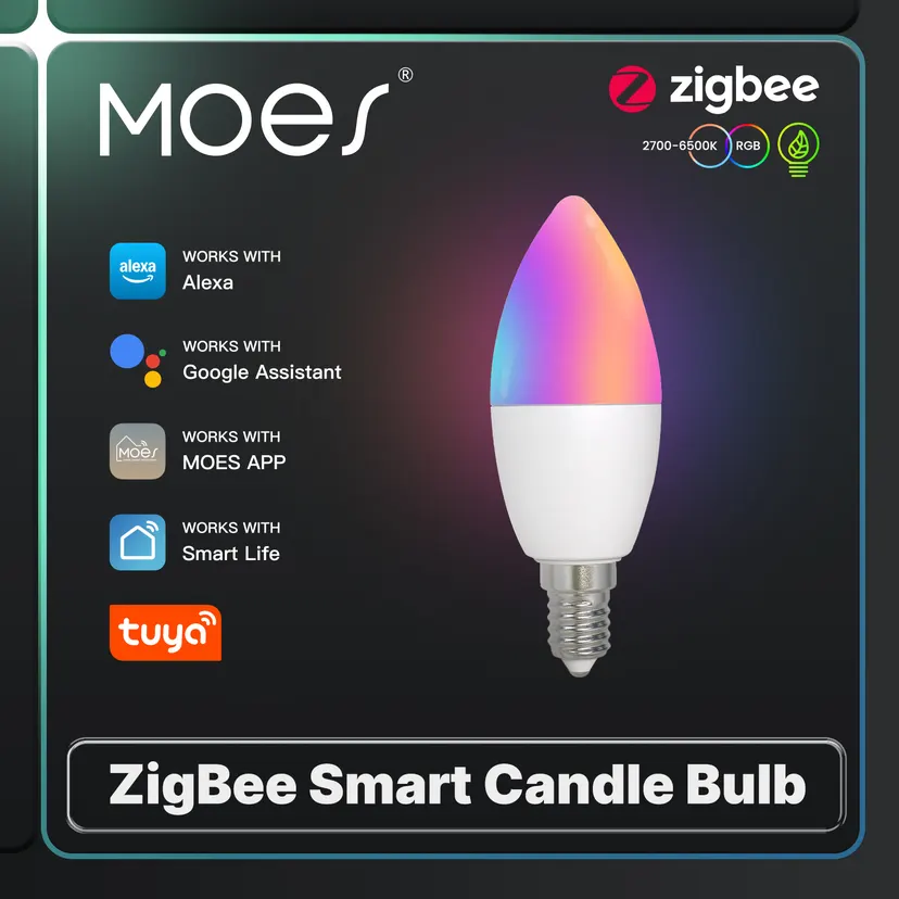 MOES Tuya Zigbee Smart Candle Bulb E14 LED Light Lamp 5W RGBCCT 2200-6500K Dimmable Alexa Home Voice Control