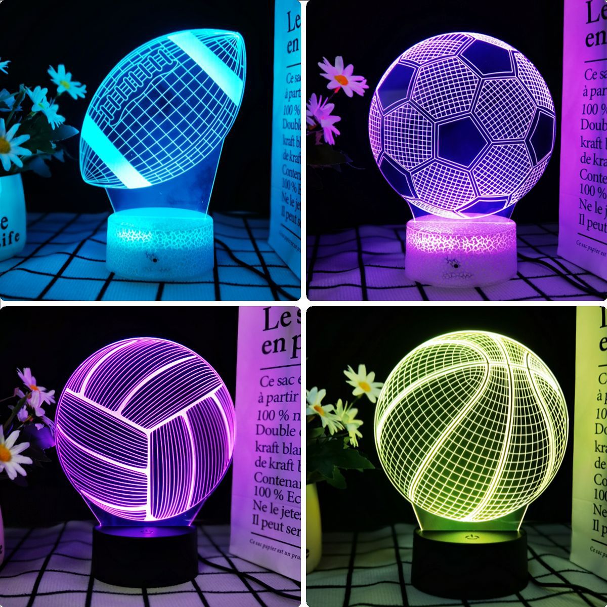 Basketball and Football Shaped Night Light 3D Illusion Light 7/16 Color Touch Adjustable USB Charging Decoration Birthday