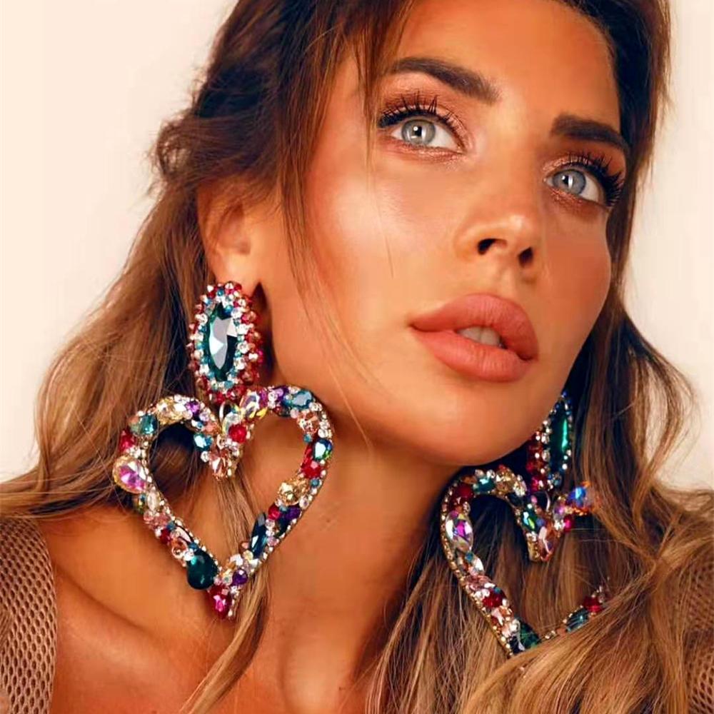 Fashionable Love shaped Alloy Colored Rhinestone Elegance Exaggerated Earrings Women's Super Sparkling Long Earrings