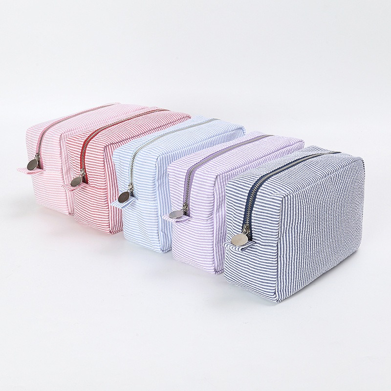 NEW Toiletry bag with women, storage stripes, pink makeup trim, ruffle seersucker/purple zipper, travel bag, makeup bag