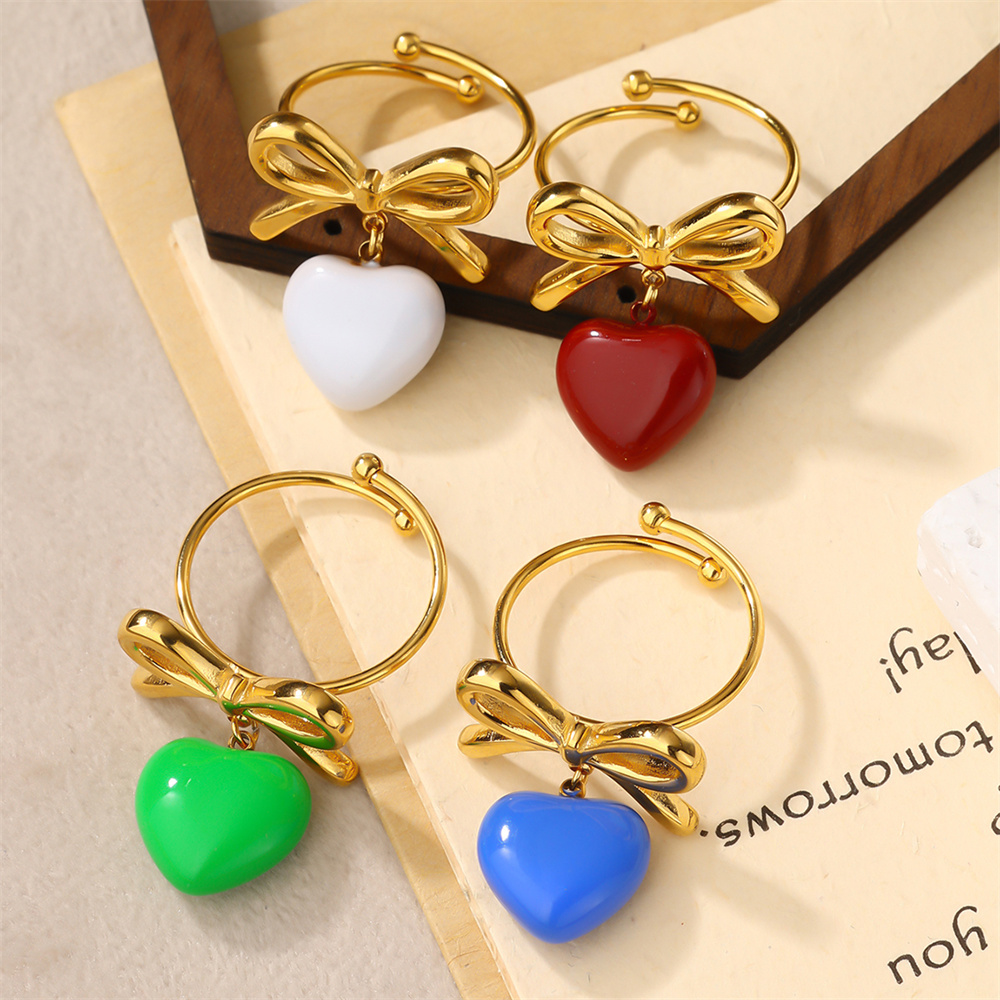 Kissmoon Cute Bow Colorful Heart Dangle Ring for Women Girlfriend Charm Fashion Daily Wear Festival Birthday Party Jewelry