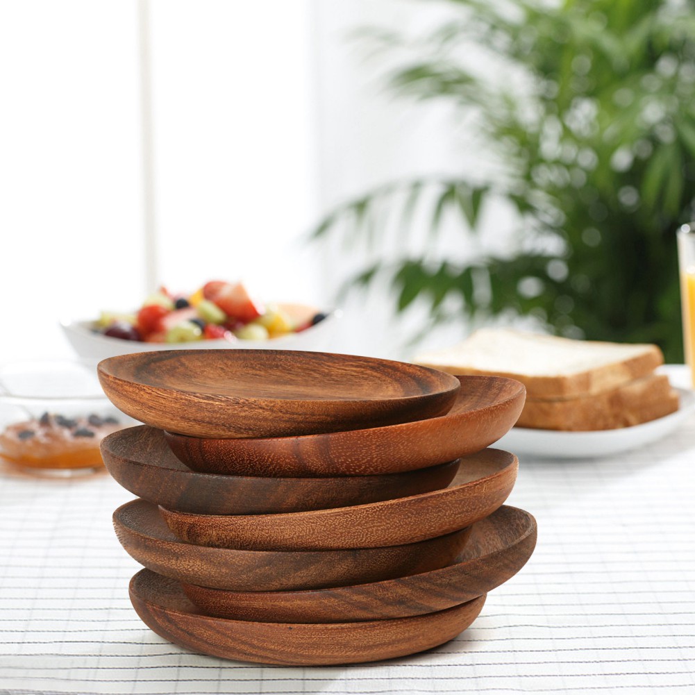 1PC Natural Wooden Dish Round Tray Food Serving Plate Wood Snack Dessert Plate Durable Sturdy Snacks Food Retro Utensils