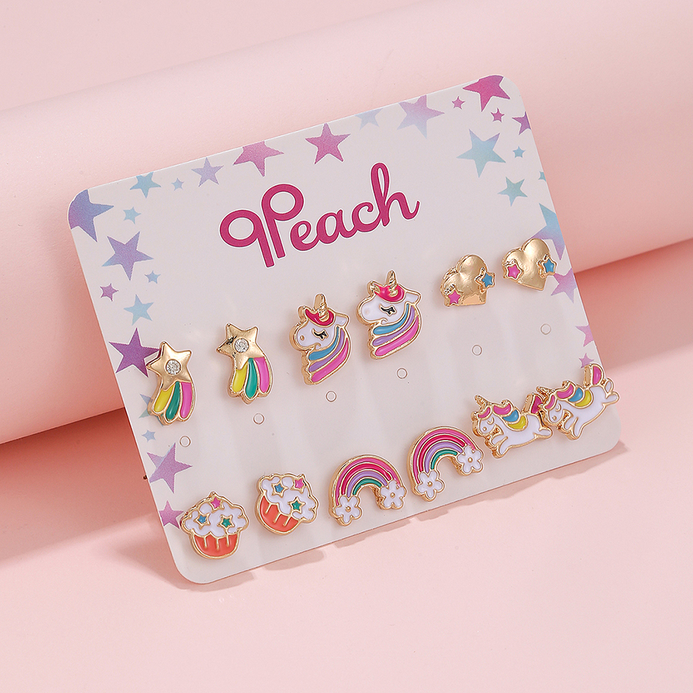 12Pcs/set Cute Girls Cartoon Unicorn Rainbow Love Zinc Alloy Charm Daughter Earrings Stud Earrings Jewelry