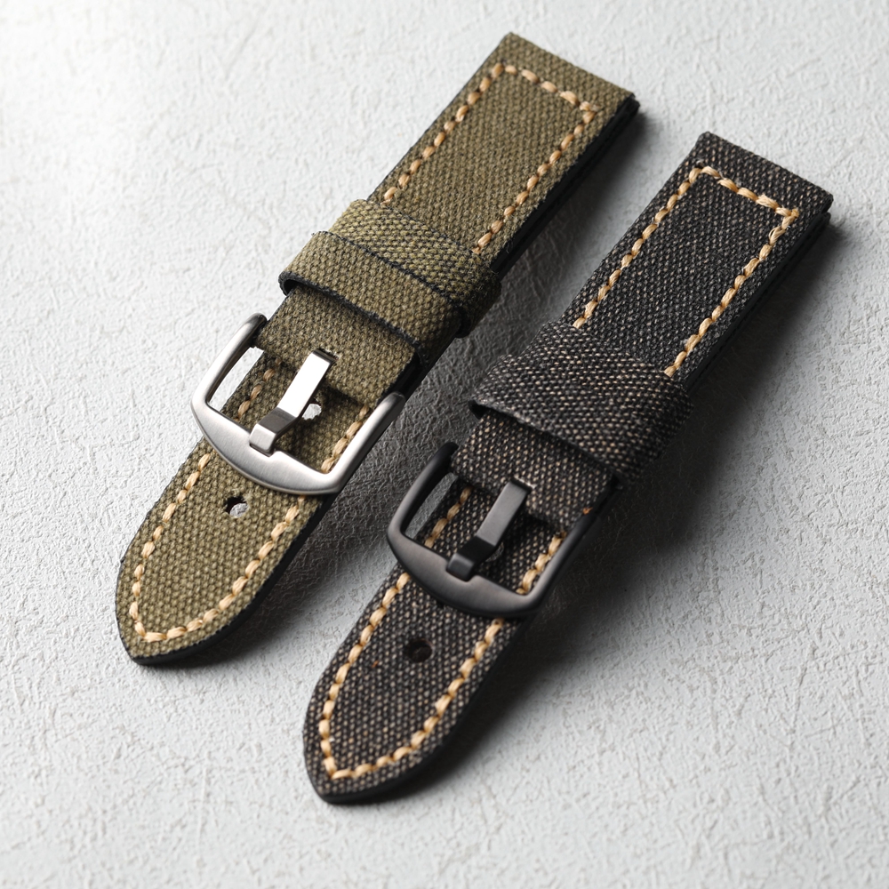 Handmade Canvas+Genuine Leather Watch Bracelet 20MM 22MM 24MM 26MM Green Black Thick and Sturdy Bracelet