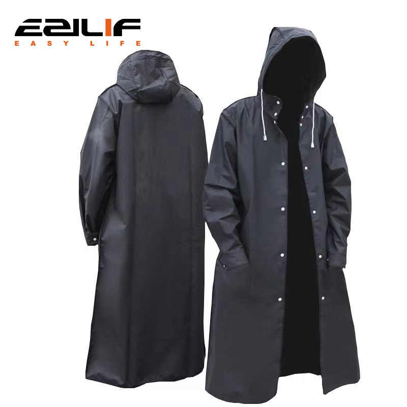 EVA Long Windproof and Waterproof One piece Raincoat with Black Hooded Outdoor Cycling and Hiking Thickened Raincoat