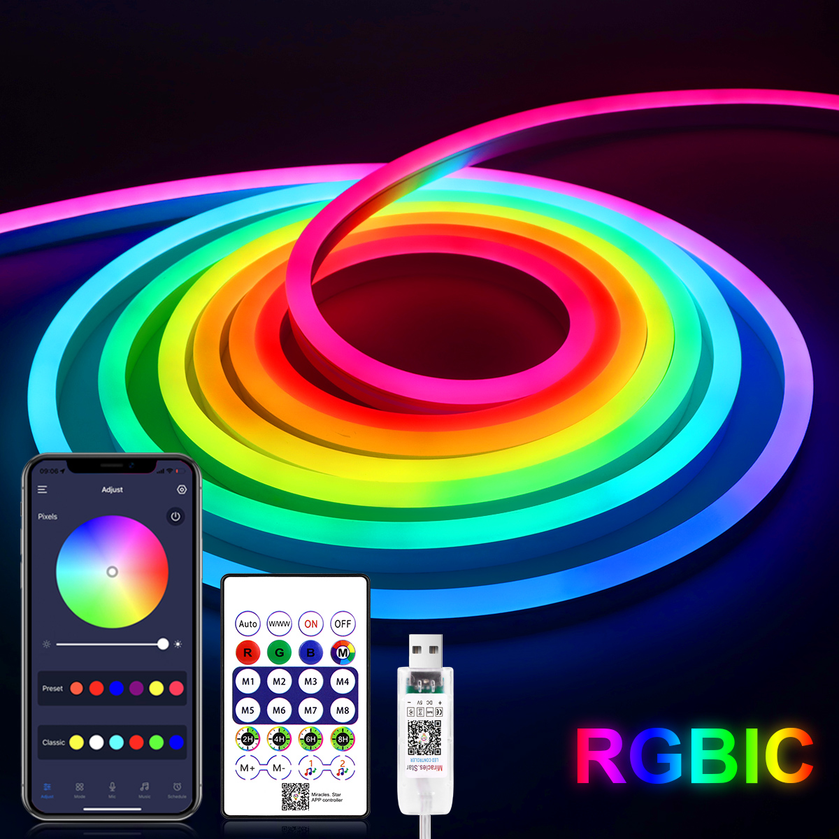 USB 5V RGB Neon LED Strip Lights 5M Bluetooth Smart Control Flexible Tape for Ambient Lighting